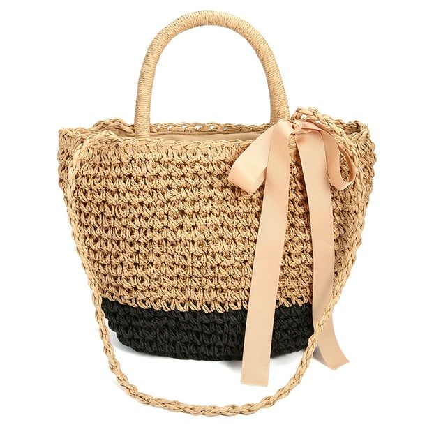 Women Rattan Handbags Summer Beach Straw Bags Wicker Woven Large Tote Bucket Bag